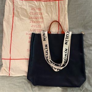 Clare V Navy Leather Annie Tote with Nylon Shoulder Straps